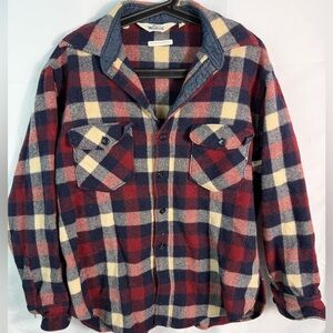 Vintage 70s Woolrich Flannel Button Down Shirt Plaid Burgundy Navy Size Large